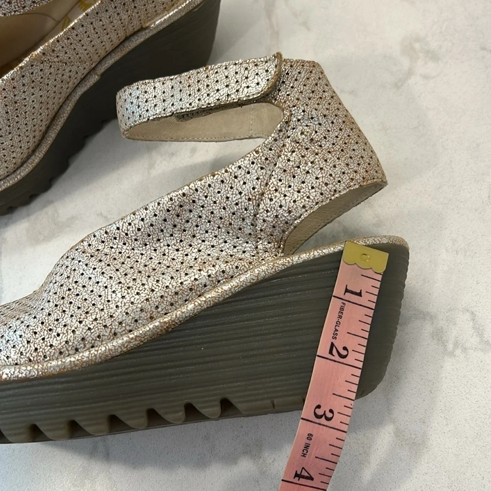 Fly London Yala Leather Perforated Wedges Gold Shimmer Size 9.5